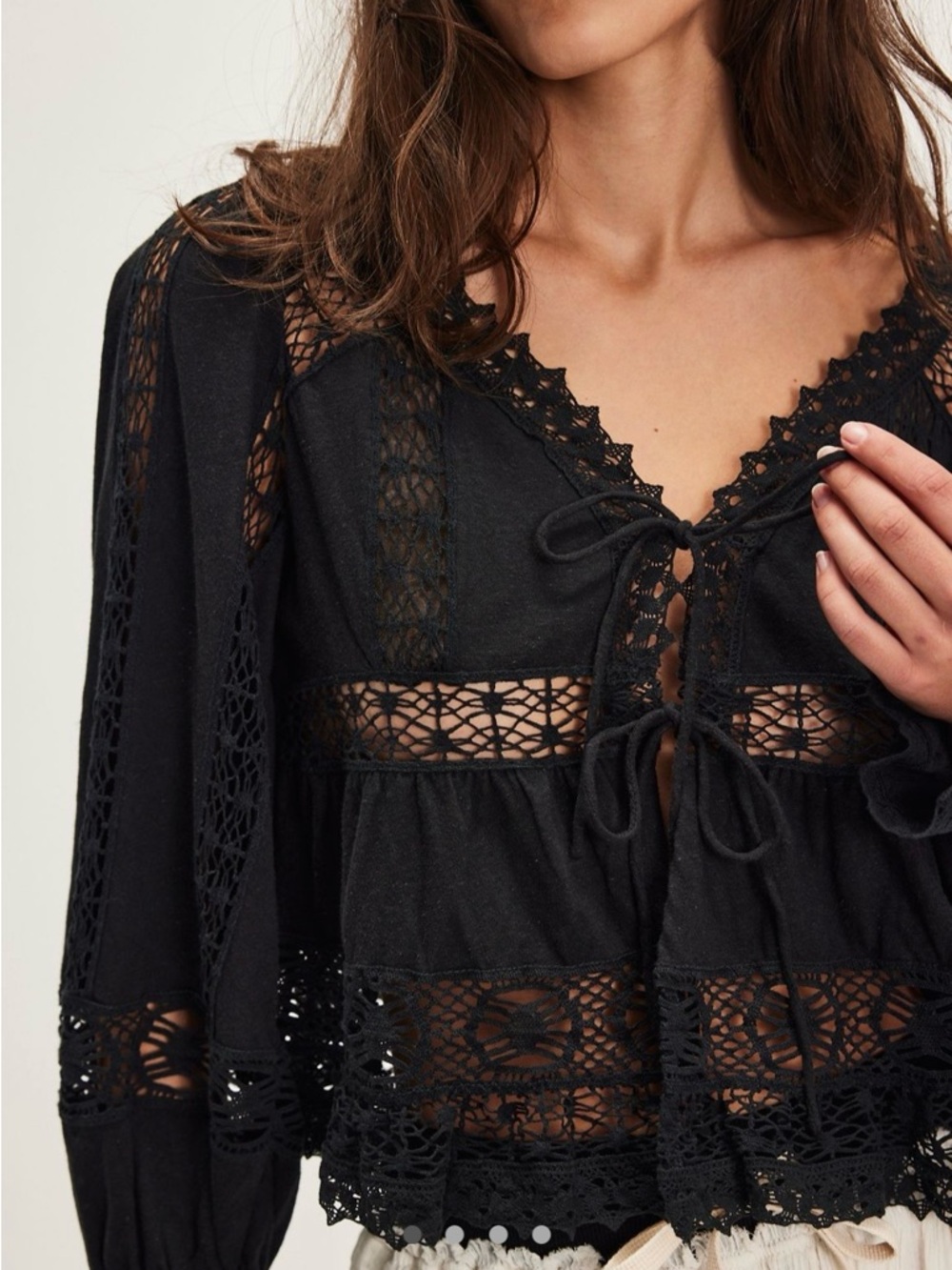 Free People Sweet Dreams Black Crochet Tie-Front Blouse - Picture 2 of 11